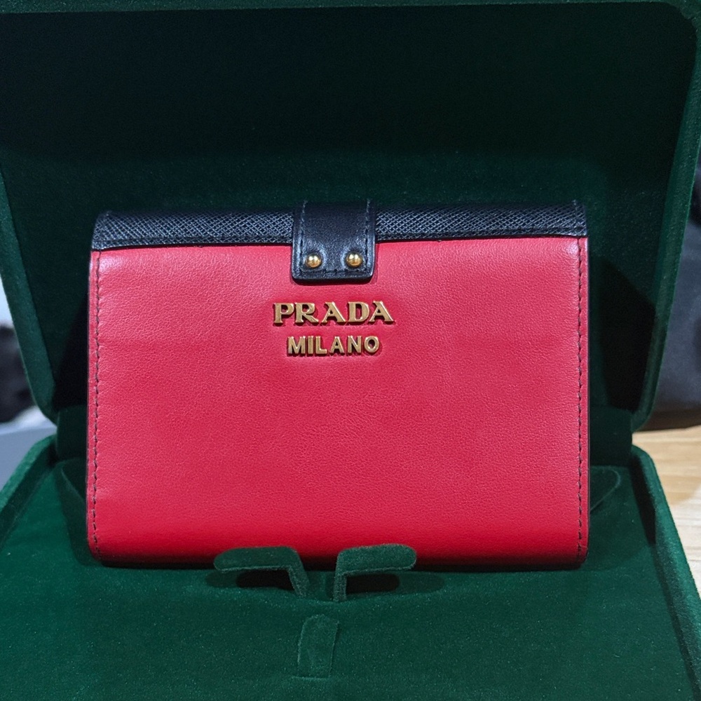 Prada Milano Red/Black Safiano Leather Bi fold Wallet with COA